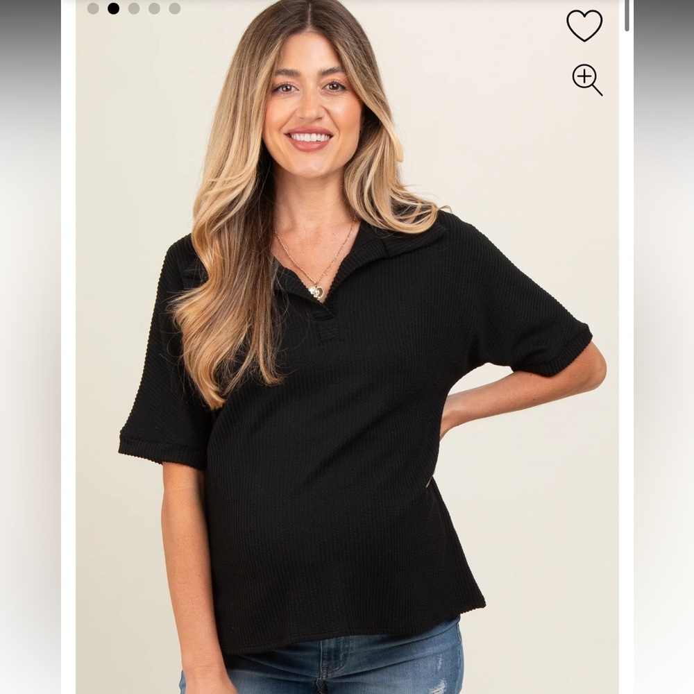 Maternity Casual Black Ribbed Collared Top